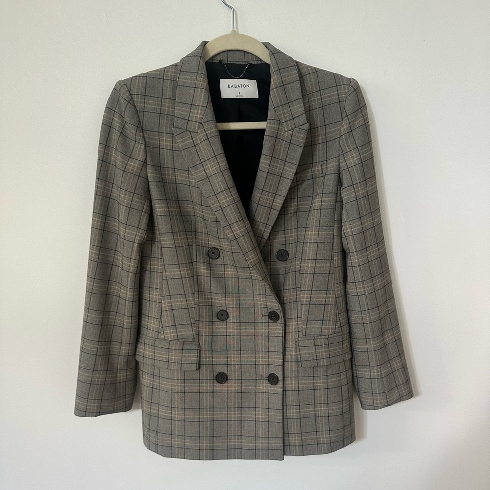 Babaton “Samuel” Double-Breasted Plaid Blazer